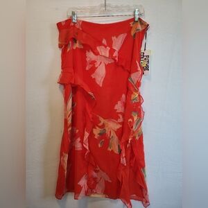 NWT Red Floral Midi Skirt With Ruffle Side Slit Size 14
